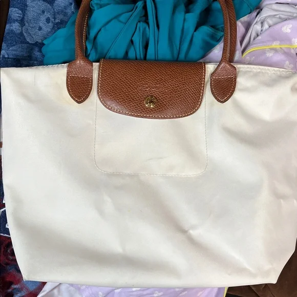 Longchamp Le Pliage Beige Tote with Brown Leather Trim - Picture 2 of 14